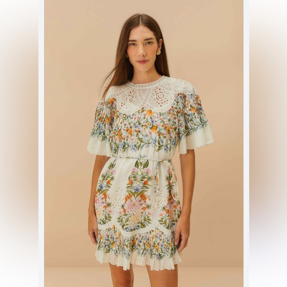 FARM Rio White and Green Ruffled Smocked Mini Sundress